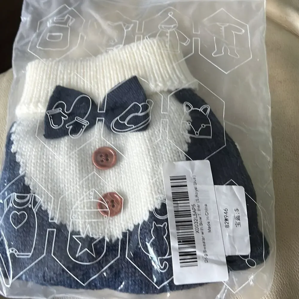 Navy Blue & White Bow Tie Dog Sweater size S